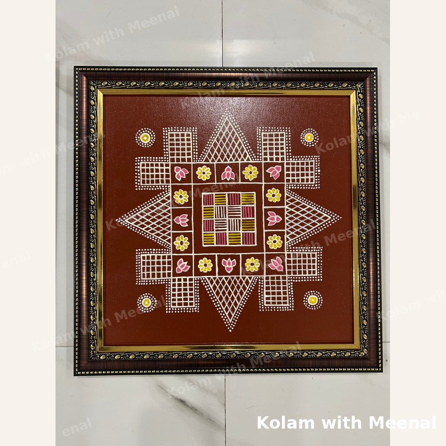 14 inch Nadu Veetu Kolam Frame - Brick Red — hand-painted wall décor frames