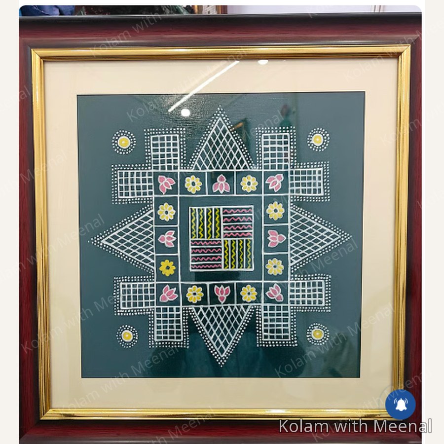 16 inch Nadu Veetu Kolam Wall Hanging with Glass Frame — hand-painted nadu veetu kolam