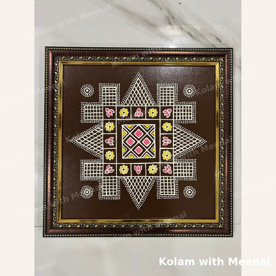 14 inch Nadu Veetu Kolam Frame - Brown — hand-painted wall décor frames