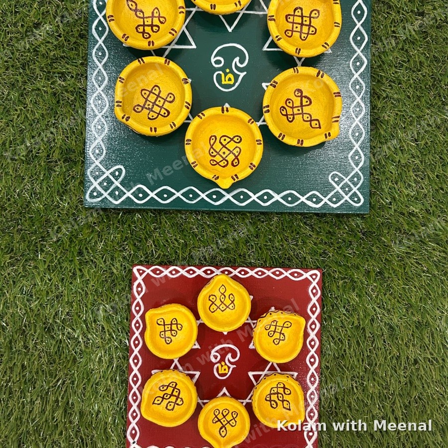 9 inch Satkona Manai with Diya — hand-painted manai