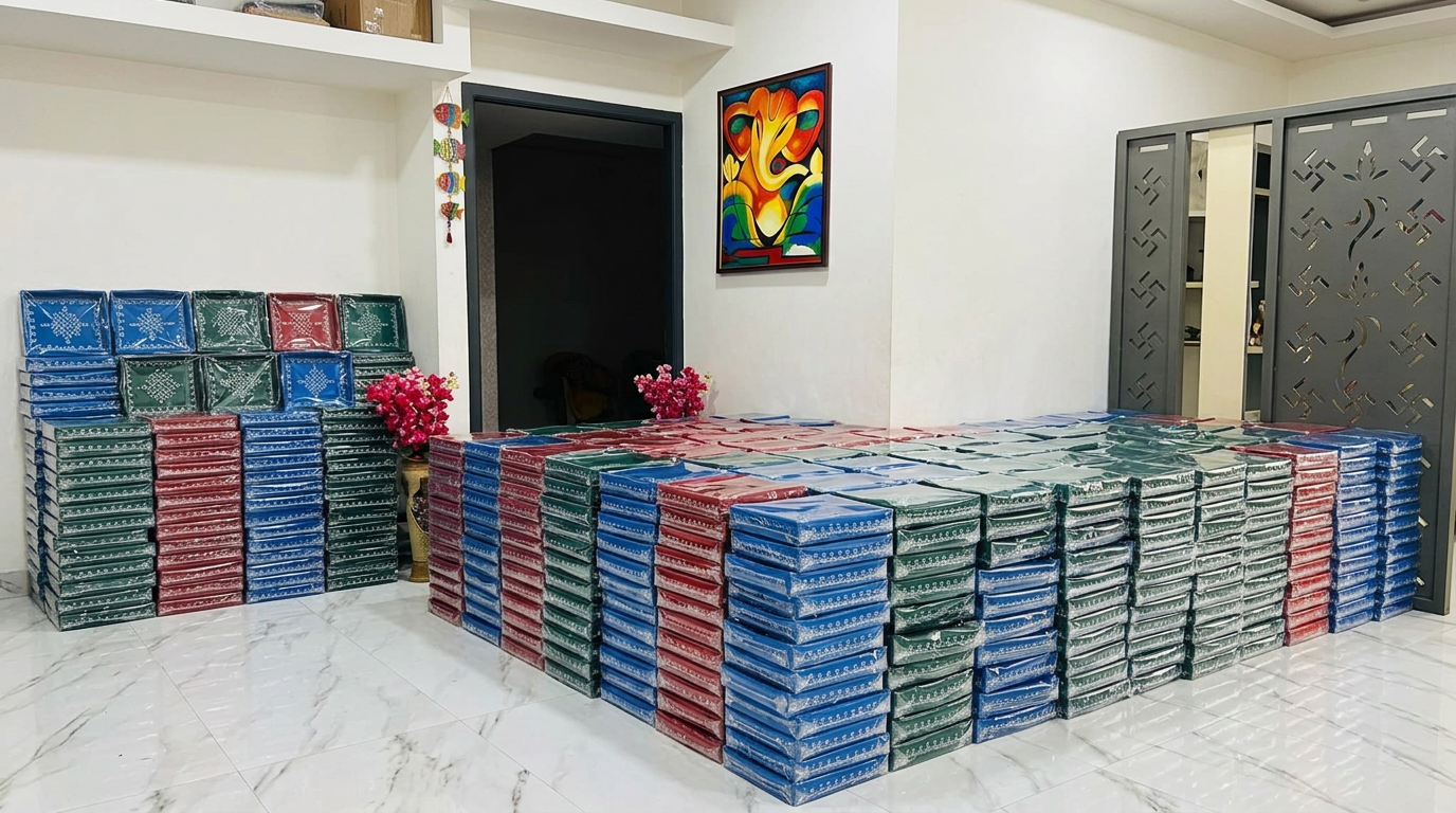 Hundreds of hand-painted kolam trays stacked and packed for a bulk order