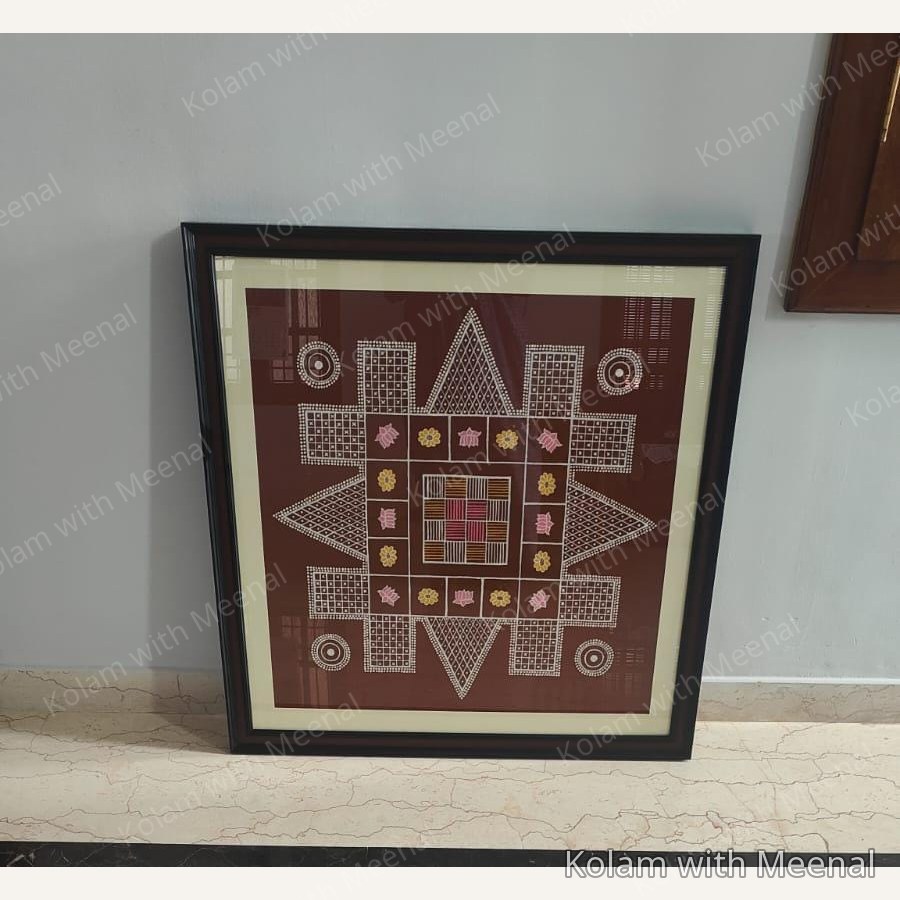 32 inch Nadu Veetu Kolam Wall Hanging with Glass Frame — hand-painted nadu veetu kolam