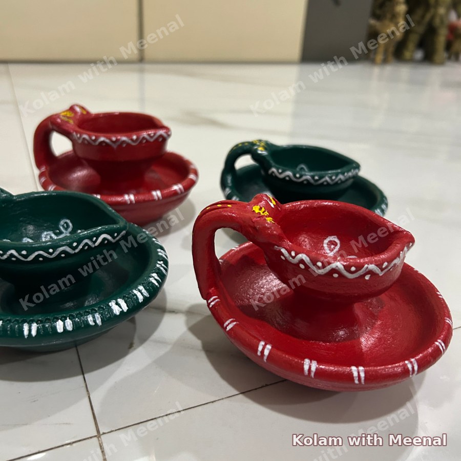 Clay diya with attached plate & handle — hand-painted clay diyas