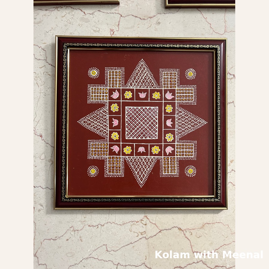 14 inch Nadu Veetu Kolam Wall Hanging with Frame — hand-painted nadu veetu kolam
