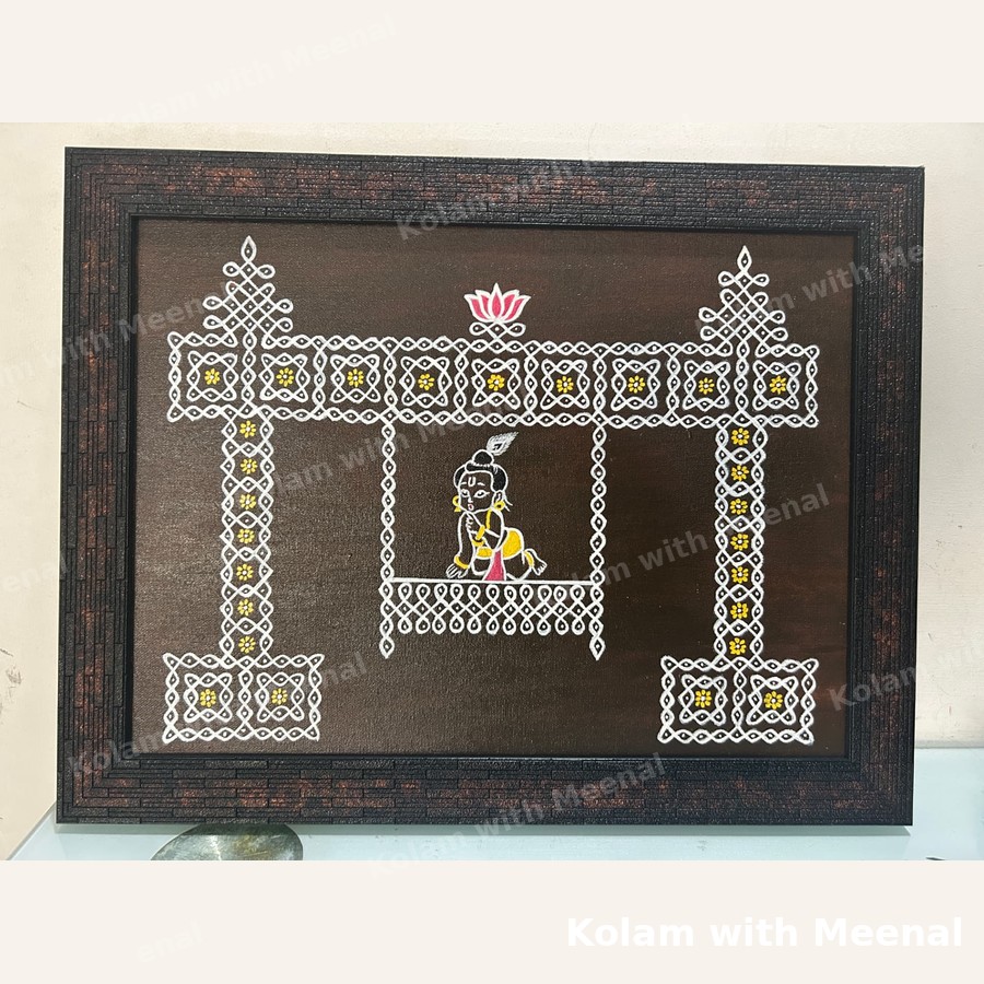 Krishna Oonjal Kolam Frame - Brown — hand-painted wall décor frames