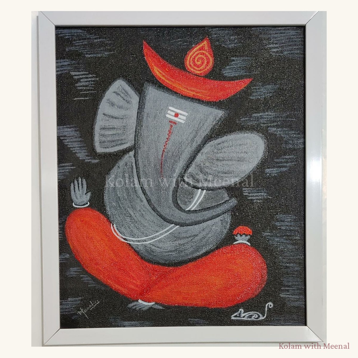 Vinayagar Canvas Painting - Grey — hand-painted wall décor frames