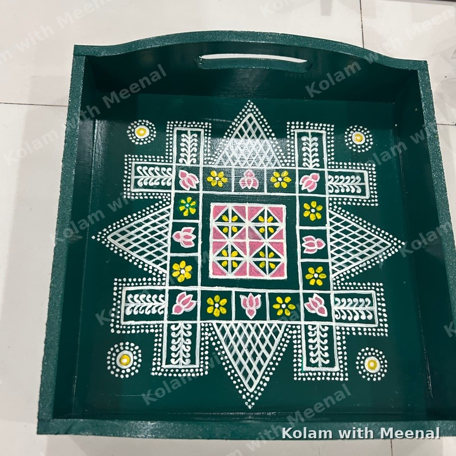9x9 inch Tray with Nadu Veetu Kolam — hand-painted trays