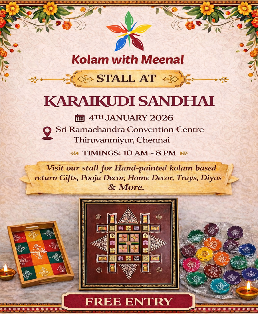 Kolam with Meenal stall poster — Karaikudi Sandhai 2026