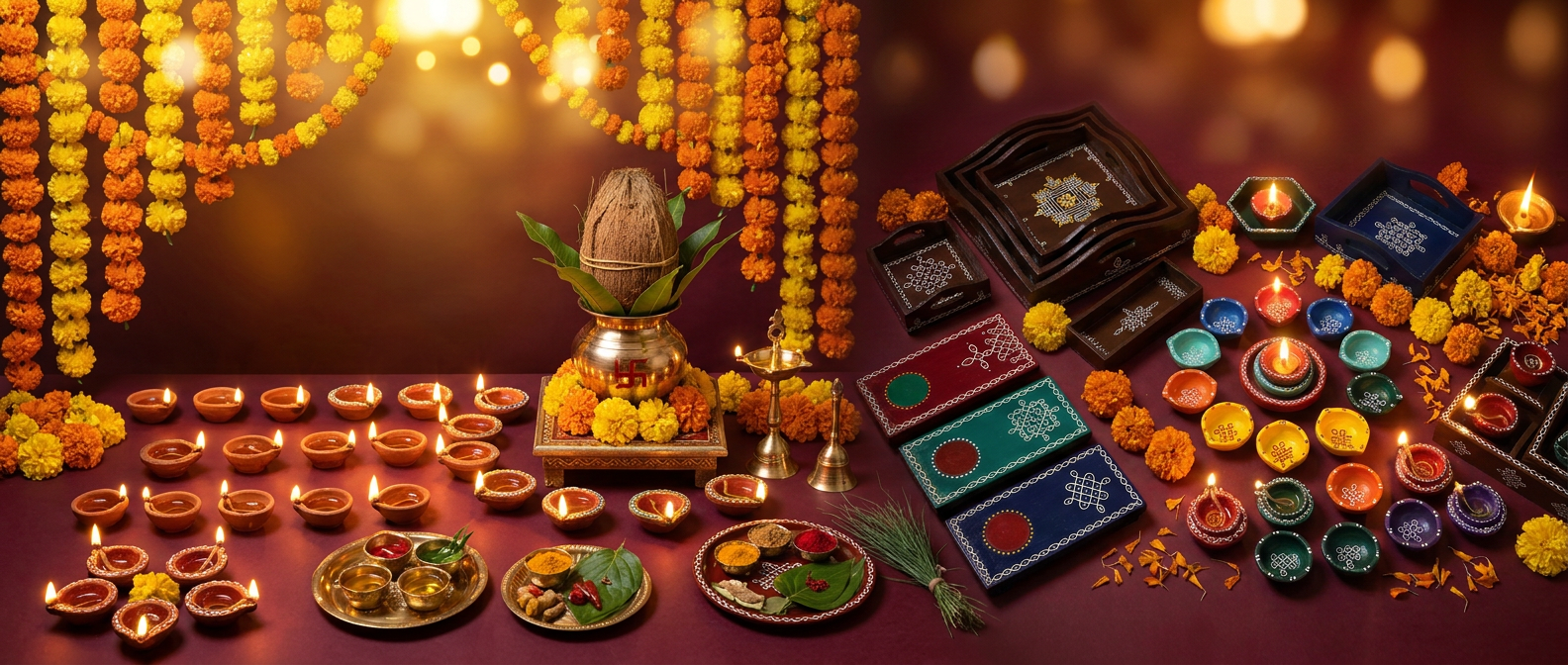 Festive display of hand-painted kolam diyas, manai boards, kalash and marigold garlands for Varalakshmi Pooja and Navaratri