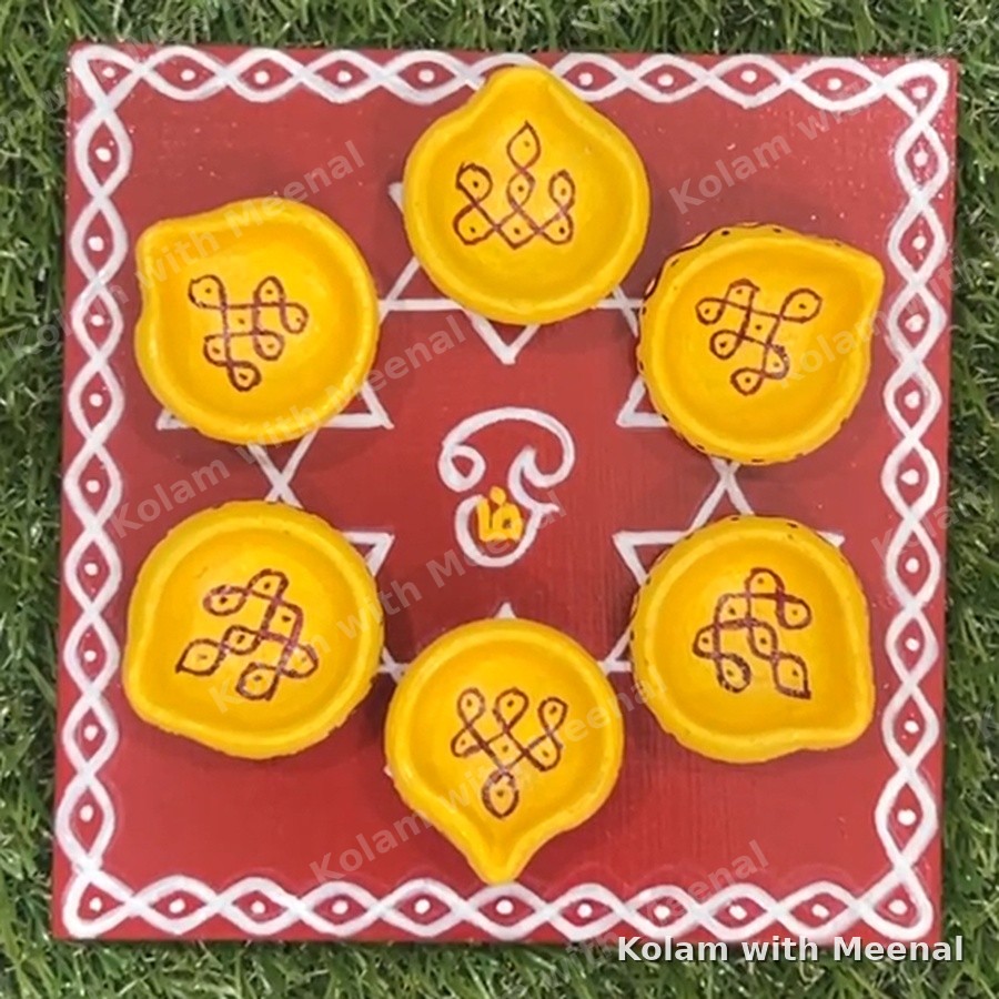 6 inch Satkona Manai with Mini Diya — hand-painted manai