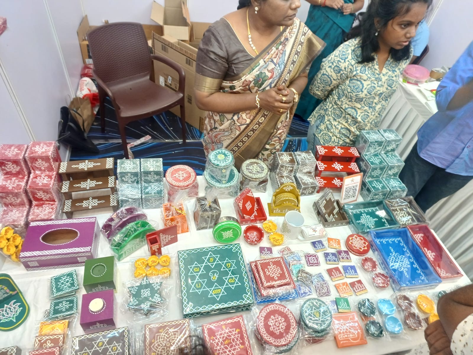 Wide view of the product display table at the stall