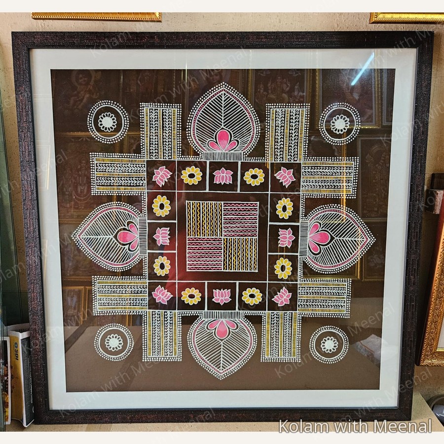 24 inch Nadu Veetu Kolam Wall Hanging with Glass Frame — hand-painted nadu veetu kolam