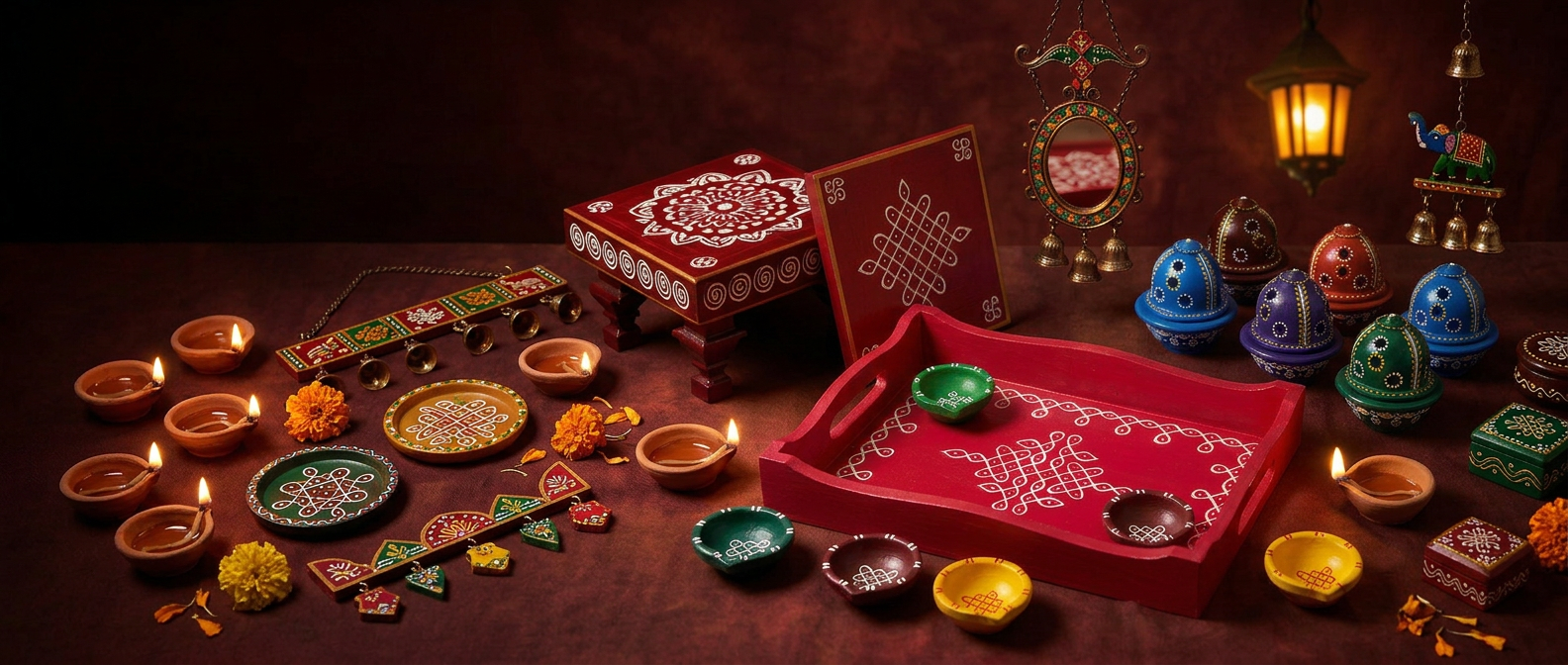 Hand-painted red kolam trays, thorans, clay diyas, kolam plates and kumkum boxes with white pulli kolam patterns spread across a maroon table